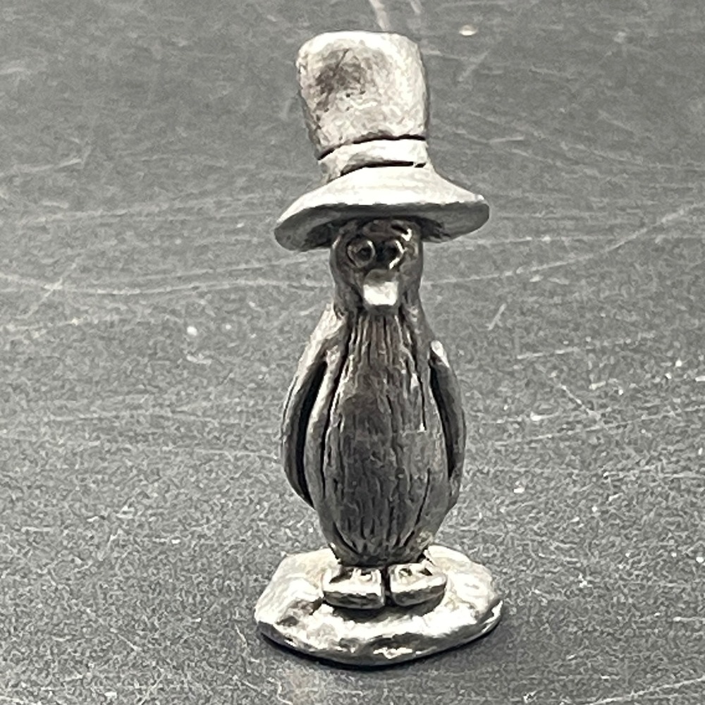 Vintage Miniature Pewter Penguin with Top Hat Figurine Small Metal‎ Bird Decor